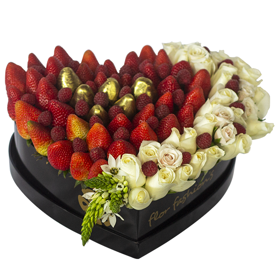 Arreglo de flores y frutas con fresas con chocolate