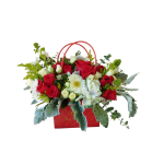 Arreglo floral pequeño de rosas rojas y blancas