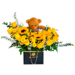 Arreglos florales de rosas amarillas, girasoles y peluche